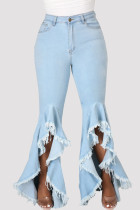 Baby Blue Fashion Casual Solid Patchwork High Waist Regular Distressed Jeans Bell Bottom Jeans