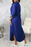Синее повседневное однотонное платье-рубашка в стиле пэчворк с отложным воротником и пряжкой Платья Платья