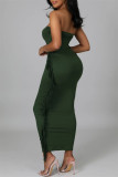 Groene mode sexy effen kwastje patchwork backless strapless lange jurk