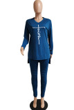 Blue Casual Print Patchwork Asymmetrical V Neck Long Sleeve Two Pieces