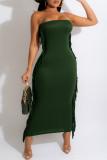 Grönt mode Sexig solid tofs Patchwork Rygglös axelbandslös lång klänning