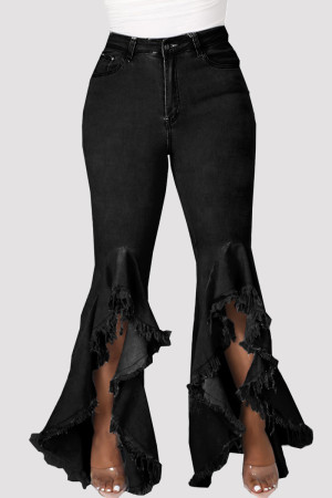 Black Fashion Casual Solid Patchwork High Waist Regular Distressed Jeans Bell Bottom Jeans