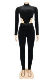 Earth Yellow Fashion Sexy Patchwork Solid Hollowed Out Turtleneck Skinny Jumpsuits
