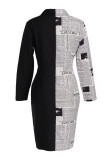 Vestidos irregulares preto e branco com estampa de rua em patchwork com decote em V