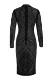 Black Sexy Solid Hollowed Out Patchwork Hot Drill O Neck A Line Dresses