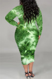 Grönt mode Casual Print Tie Dye Basic O Neck Långärmad Plus Size Klänningar