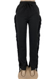 Black Casual Street Solid Tassel Patchwork Straight Straight Patchwork Bottoms