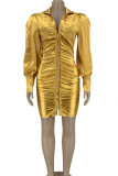 Vestidos de manga longa casuais moda dourada com dobra sólida gola virada para baixo