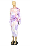 Helllila Mode Casual Print Batik Basic O-Ausschnitt Langarm Kleider in Übergröße