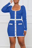 Blue Casual Solid Patchwork Buttons U Neck One Step Skirt Dresses