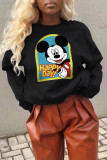 Black Cute Character Patchwork O Neck Tops