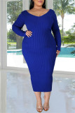 チベット ブルー ファッション カジュアル ソリッド ベーシック Vネック ロングスリーブ プラスサイズ ドレス