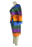 Vestidos coloridos moda casual estampa fenda com cinto o pescoço manga longa plus size