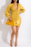 ゴールド ファッション カジュアル ソリッド フォールド ターンダウン カラー ロング スリーブ ドレス
