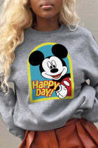 Grey Cute Character Patchwork O Neck Tops