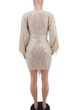 Apricot Elegant Solid Patchwork Fold Sequins V Neck Pencil Skirt Dresses