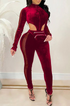 Red Fashion Sexy Patchwork Solid Hollowed Out Turtleneck Skinny Jumpsuits