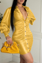 Gold Fashion Casual Solid Fold Umlegekragen Langarm Kleider