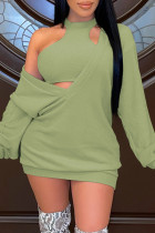 Green Fashion Sexy Solid Hollowed Out O Neck Long Sleeve Two Pieces