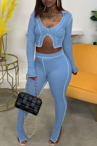 Blue Fashion Casual Solid Asymmetrical V Neck Long Sleeve Two Pieces