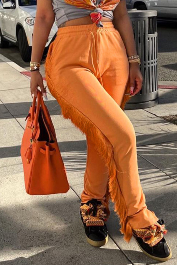 Оранжевый Повседневный Уличный Однотонный с кисточками Пэчворк Прямые прямые брюки в стиле пэчворк