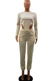 Apricot Casual Solid Patchwork Asymmetrical O Neck Long Sleeve Two Pieces