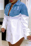 Белое модное повседневное платье-рубашка больших размеров в стиле пэчворк с отложным воротником и рваными рукавами