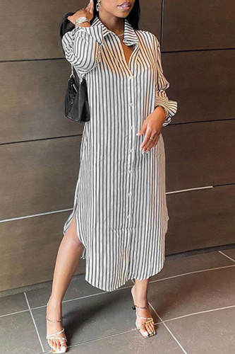 Grey Casual Striped Print Patchwork Buckle Turndown Collar Shirt Dress Dresses