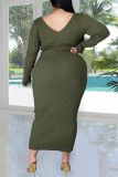 Фруктово-зеленый модный повседневный однотонный базовый V-образный вырез с длинным рукавом платья больших размеров