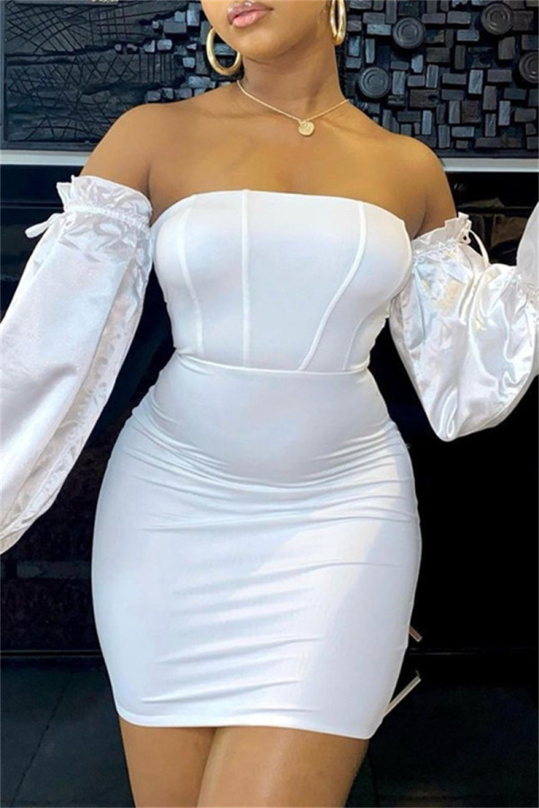Witte mode sexy effen patchwork backless strapless jurken met lange mouwen