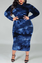 Deep Blue Mode Casual Print Tie Dye Basic O-hals långärmade klänningar i plusstorlek