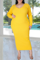 Gelb Mode Lässig Solide Basic V-Ausschnitt Langarm Kleider in Übergröße