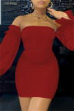 Robes à manches longues sans bretelles en patchwork solide à la mode rouge