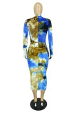 ディープブルーファッションカジュアルプリントタイダイベーシックOネック長袖プラスサイズのドレス