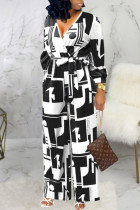 Black And White Casual Geometric Print Bandage Patchwork V Neck Straight Jumpsuits