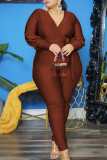 Coffee Casual Solid Bandage Patchwork Fold V Neck Plus Size Jumpsuits