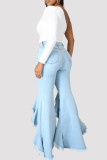 Jeans jeans azul escuro fashion casual patchwork sólido cintura alta regular