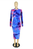 Yellow And Blue Fashion Casual Print Tie Dye Basic O Neck Long Sleeve Plus Size Dresses