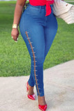 Zwart Mode Casual Effen uitgeholde metalen accessoires Decoratie Mid-taille Regular Denim Jeans