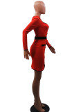 Tangerine Red Casual Solid Patchwork Buttons U Neck One Step Skirt Dresses