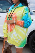 Vestidos multicoloridos moda casual estampa tie dye básica gola com capuz manga longa