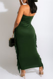 Grönt mode Sexig solid tofs Patchwork Rygglös axelbandslös lång klänning