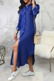 Vestido camisero informal con cuello vuelto y hebilla de patchwork liso azul Vestidos