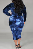 Deep Blue Fashion Casual Print Tie Dye Basic O Neck Long Sleeve Plus Size Dresses