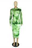 Зеленые модные повседневные платья с принтом Tie Dye Basic O-образным вырезом и длинным рукавом Платья больших размеров
