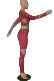 Бордовый сексуальный принт в стиле пэчворк с круглым вырезом и длинным рукавом из двух частей
