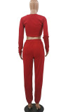 Red Casual Solid Patchwork Asymmetrical O Neck Long Sleeve Two Pieces