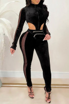 Black Fashion Sexy Patchwork Solid Hollowed Out Turtleneck Skinny Jumpsuits