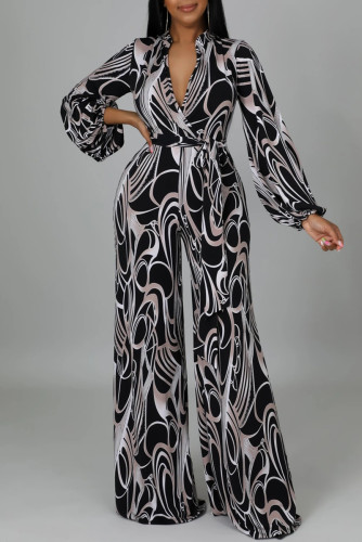 Multicolor Fashion Casual Print Basic V Neck Regular Jumpsuits