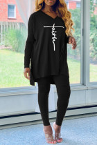 Black Casual Print Patchwork Asymmetrical V Neck Long Sleeve Two Pieces